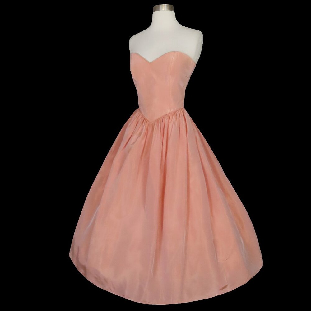 Vintage 80s Strapless Peach Taffeta Full Skirt Princess Prom Party Dress XXS XS